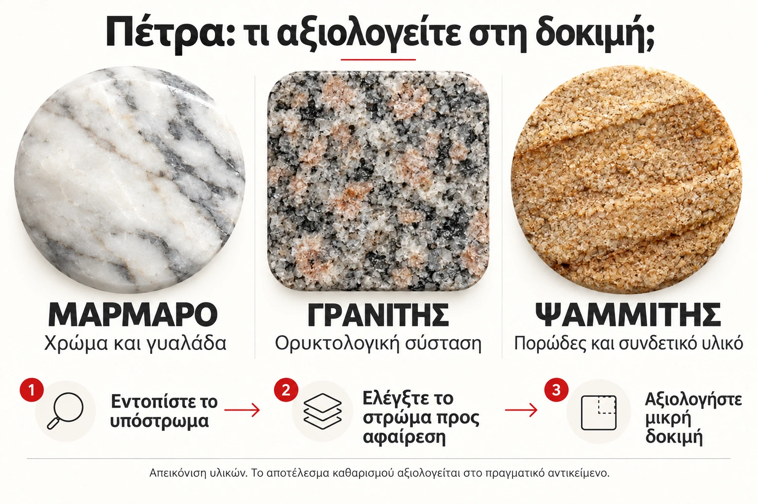Μάρμαρο, γρανίτης και ψαμμίτης: χρώμα και γυαλάδα, ορυκτολογική σύνθεση, πορώδες και συνδετικό υλικό