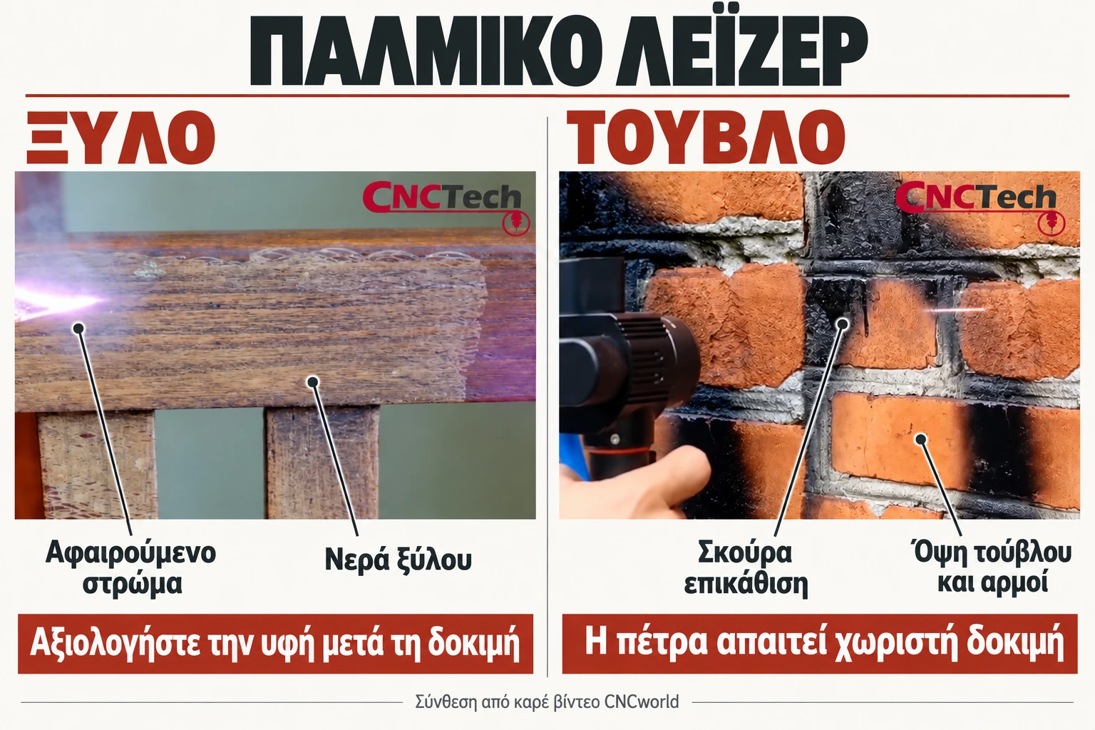 Παλμικό λέιζερ: ξύλο και τούβλο — αφαιρούμενο στρώμα, νερά και όψη τούβλου με αρμούς